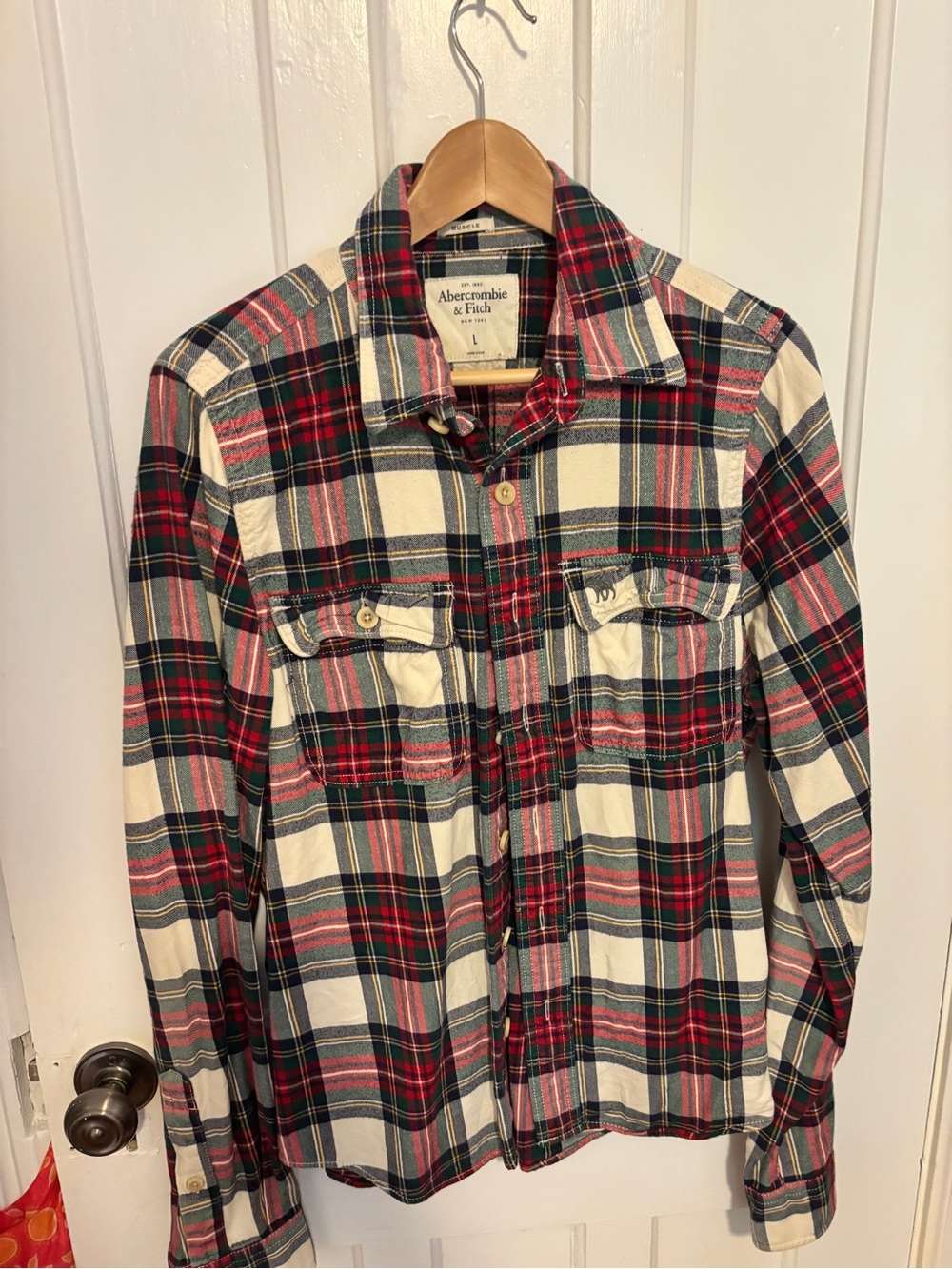Abercrombie & Fitch Men's Red, Cream & Green Plaid Button-Down Shirt